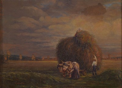 Ernst Haymann, 1873-1947 München, Studium u.a. an der Akademie München bei Julius Diez, Heuernte in Bayern, Öl/Lwd, links unten signiert, ca. ...