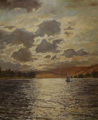 H. Wardorf, datiert (19)53, Abendstimmung an der See, Öl/Hartfaser, links unten signiert, ca. 60x50cm, R. ca. 78x68cm