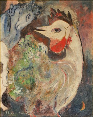C. Glücksmann, datiert (19)58, Pferd und Hahn, Gemälde in der Art des Marc Chagall, Öl/Hartfaser, links unten signiert und datiert, ca. 50x40cm, ...