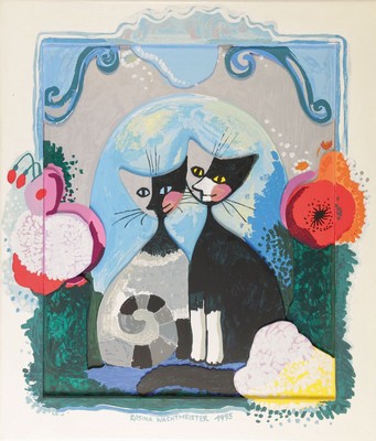 Rosina Wachtmeister, geb. 1939 Wien, Katzenpaar, Acryl auf Holz, in drei Ebenen, wobei der Rahmen integriert und bemalt wurde, signiert und dat. ...