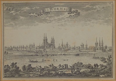 Konvolut aus 4 Kupferstichkarten, 18.Jh., Darstellungen der drei Schum-Städte bzw. Königspfalzen entlang des Rheins Worms (2x), Mainz und Speyer, ...