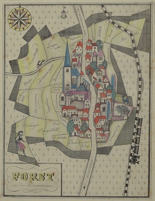 Konvolut aus 11 Kupferstichkarten, 17./18.Jh., Ansichten verschiedener Orte der Pfalz u. Weinstraße: Lambrecht, (Bad) Bergzabern, (Bad)Dürkheim, ...