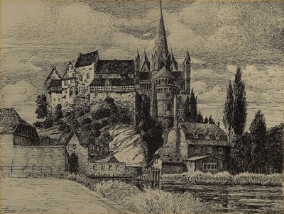 Paul Irmler, Künstler tätig erste Hälfte 20. Jh., Ansicht von Limburg, mit Dom, Tuschezeichnung, li.u. signiert und dat. 1914 ?, leicht gebräunt, ...