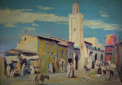 Karl Graf, 1902 - 1986 Speyer, belebte marokkanische Straßenszene mit Treiben der Händler und Passanten, rückseitig betitelt: "Taroudant, ...