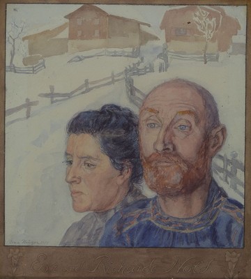 Erna Krüger, 1883 Wittenberg - 1973 Osterode , Doppelporträt, Eva und Richardo Nold, vor verschneitem Gehöft, links unten sign. u. dat. 1914, ...