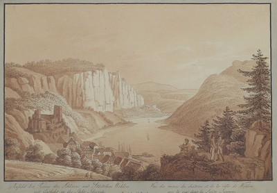 Ernst Arnold, deutscher Grafiker des 19.Jh.,"Ansicht der Ruine des Schlosses und Städtchen Wehlen mit Aussicht in die Sächs. Schweiz", ...