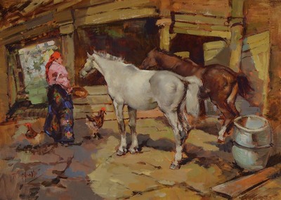 Franco Rispoli, 1821-1989, italienischer Genre- und Porträtmaler, Szene im Pferdestall, links unten signiert, Öl/Lwd, R. ca. 73x93 cm