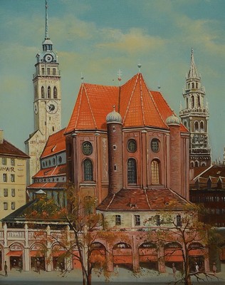 Zuschreibung: Josef Hofbauer, 1907 Senden-1998München, Der Viktualienmarkt in München, Öl/Lwd, detailreiche und realistische Malerei,ca. 25x20cm, ...