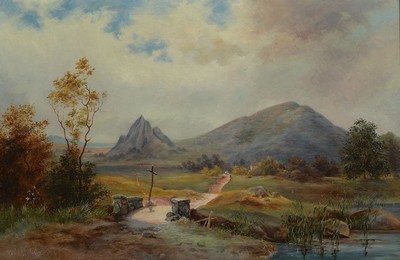 Zuschreibung: Albert Rieger, 1834 Triest-1905 Wien, Landschaft mit Bergen, Weiher und Wegekreuz, Öl/Lwd, unsigniert, rückseitig auf dem Keilrahmen ...