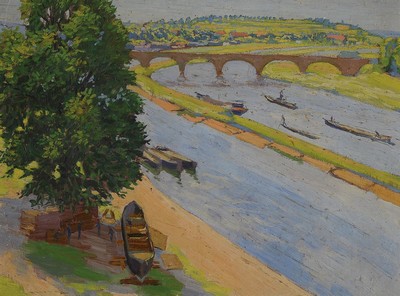 Carl Schmitz-Pleis, 1877 Süchterscheid-1943 Düsseldorf, Brücke über den Fluss, Öl/ Malkarton, unsigniert, rückseitig Nachlaßstempel, ca. ...