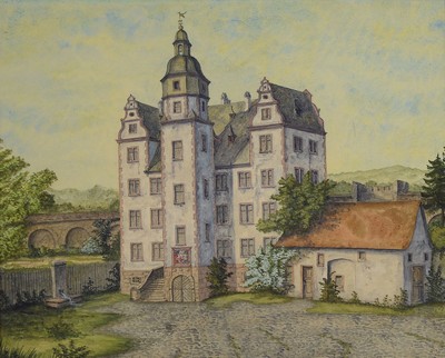 Unbekannter Maler, deutsch, um 1900, Das alte Pädagog in Darmstadt, Blick auf den Renaissancebau der ältesten höheren Schule in Darmstadt, Gouache ...