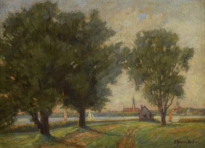 Susanne Döring-Kessler, 1870-1937 Berlin, Schülerin von Max Liebermann, hier: Blick über die Havel auf Berlin Lichterfelde, Öl/Malkarton, rechts ...