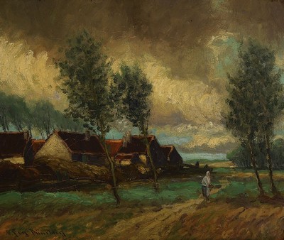 Oswald Fey, Düsseldorfer Maler, um 1900, Heimkehrende Reisigsammlerin, Abendstimmung, Öl/Lwd, links unten signiert O. Fey Düsseldorf, ca. 36x42cm, ...