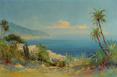 P. Ramondo, Maler der Mitte des 20. Jh., Küstenlandschaft in Sizilien, Öl/Lwd, links unten signiert, ca. 40x60cm, R. ca. 44x64cm