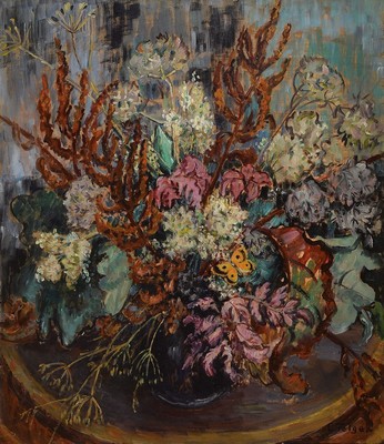 Clara Telge, 1870 Shanghai-1947 Hamburg, Blumenstrauß mit Schmetterling, so rückseitig auf dem Keilrahmen betitelt, Öl/Lwd, rechts unten signiert, ...