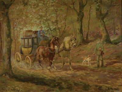 Wilhelm Westerop, 1876 Potsdam-1954 Düsseldorf, zweispännige Kutsche auf einer herbstlichen Allee, am Wegesrand ein Jäger mit seinem Hund, ...