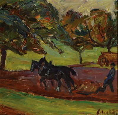 Karl Scheld, 1895 Lich/Oberhessen-1936 Darmstadt, Studium an der Akademie München, hier: pflügender Bauer, Öl/Lwd, rechts unten signiert und ...
