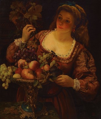 Mélanie Paigné, 1817-1872, Porträt einer jungen Frau mit Obstschale, in der Hand Rebenzweige und Trauben, wohl Allegorie auf den Herbst, Öl/Lwd, ...