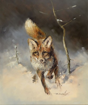 Walter Bläs, 1924 Eibingen-2016 Rüdesheim, Fuchs im Schnee, Öl/Lwd, rechts unten signiert, ca. 60x50cm, R. ca. 78.5x68cm