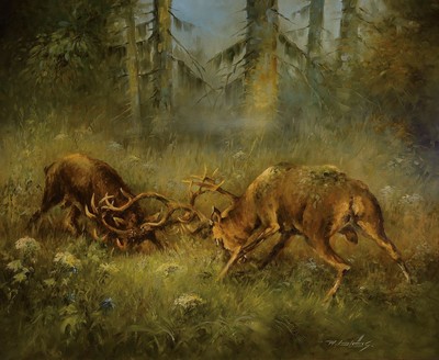 Walter Bläs, 1924 Eibingen-2016 Rüdesheim, zwei kämpfende Hirsche auf einer Lichtung, Öl/Lwd, rechts unten signiert, ca. 90x110cm, R. ca. ...