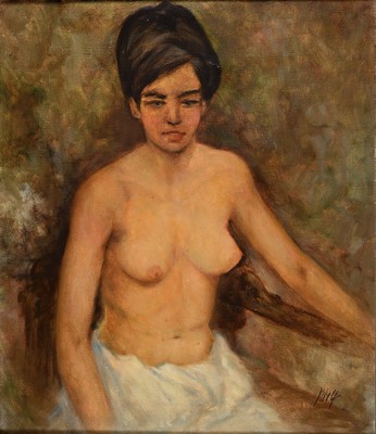 Julius Wolf, 1909 Rottweil-1996 Kempten, Sitzender Halbakt, Öl/Lwd, rechts unten signiert, ca. 70x60cm, R. ca. 77x67cm