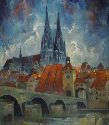 Gustav Lüttgens, geb. 1898 Berlin, Blick über den Fluss auf Stadt und Dom, wohl die steinerne Brücke und der Dom zu Regensburg, Öl/Lwd, rechts ...