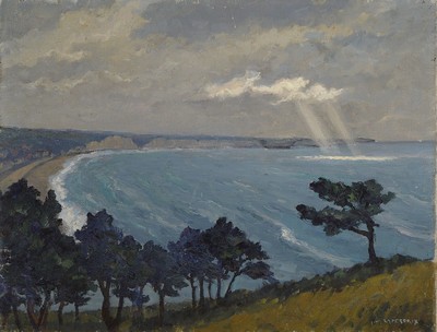 Jean Laperdrix, 1912-2005, französischer Künstler, maritime Landschaft, Küstenstreifen mit Sandsteinklippen, Ansicht wohl der Alabasterküste der ...