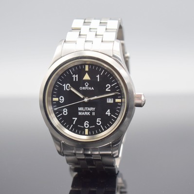 ORFINA Military Mark II Fliegeruhr, Schweiz um 2000, Automatik, Ref. 6190, großes Edelstahlgeh., Boden geschr., Gliederband m. Faltschl., schwarzes ...