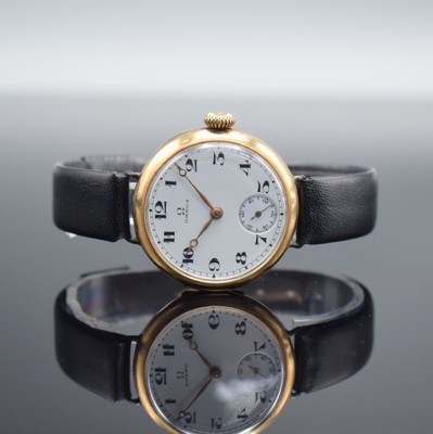 OMEGA frühe Armbanduhr in RoseG 585/000, Schweiz um 1920, Handaufzug, 3-teil. Geh. mit Scharnierboden, Goldcuvette, Emailzifferbl. m. arab. Zahlen, ...