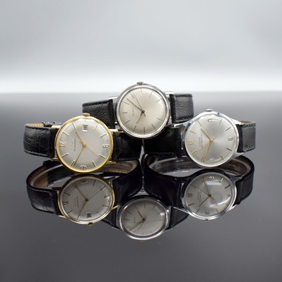 DOXA 3 Herrenarmbanduhren, Schweiz um 1960, Handaufzug, 1.) GG 585/000, Kal. 45, 17 St., Feinreg., D. ca. 34,5 mm, EZ 2-3, 2.) Edelstahl, Kal. 103, ...