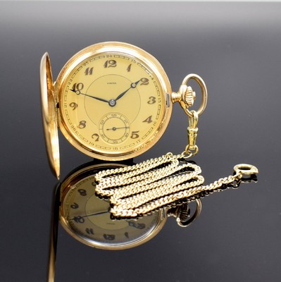 PRIMA Savonette in GG 585/000 mit Kette in GG 585/000, Schweiz um 1925, Kette später, 2- Deckel Goldgeh., Spungdeckel m. Monogramm, Metallcuvette m. ...