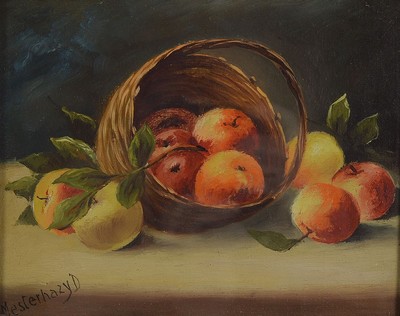 Denes Mesterhazy, ungarischer Künstler, frühes20. Jh., Stillleben mit Äpfeln und Korb, Öl/Malkarton, links unten signiert, ca. 20x24 cm, u.Gl., ...