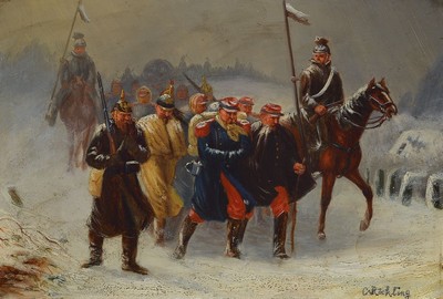 Carl Röchling, 1855 Saarbrücken-1920 Berlin, Preussische Soldaten und gefangene französische Soldaten in verschneiter Winterlandschaft, Szene aus ...