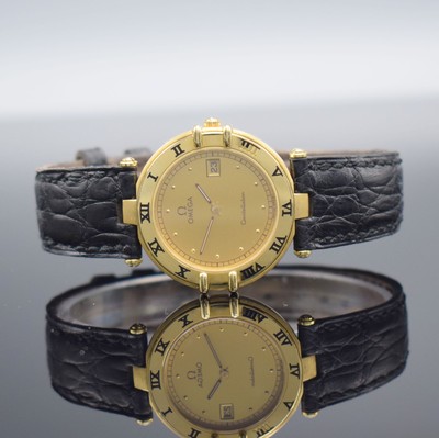 OMEGA Constellation Armbanduhr in GG 750/000, Schweiz um 1990, quarz, Boden aufgedr., Ref. 1960360, pol. Lünette m. röm. Zahlen, orig. Lederband ...