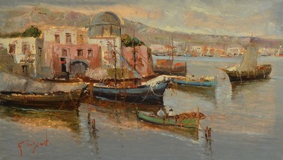 Teresa Reginato, italienische Künstlerin des 20.Jh., bekannt für ihre maritimen Sujets unter impressionistischem Duktus, italienischeHafenansicht, ...