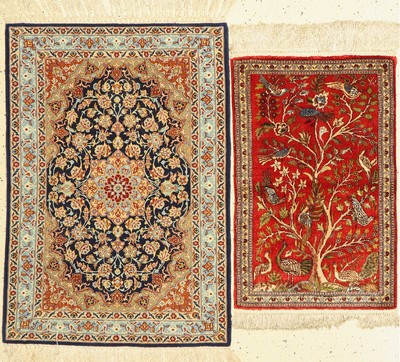 Konvolut aus Persischer Ghom Seide, 50 Jahre , reine Naturseide, ca, 77 x 50 cm, und Esfahan fein, Persien, ca, 50 Jahre, Korkwolle auf Seide, ca, 98 ...