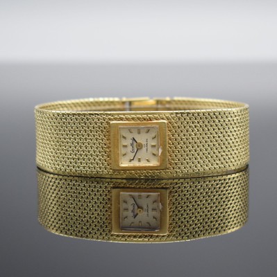 Damenarmbanduhr in GG 585/000 bezeichnet Excellent, um 1960, im Kundenwunsch auf Quarzwerk umgebaut, Boden aufgedr., silb. Zifferbl. m. aufgel. ...