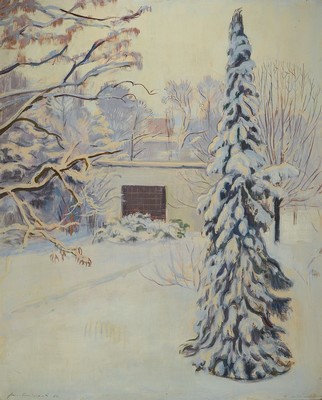 Hermann Croissant, 1897-1963 Landau, Blick vom Atelier in den verschneiten Garten, Öl/Hartfaser, links unten signiert und dat. 60, aus der Sammlung ...