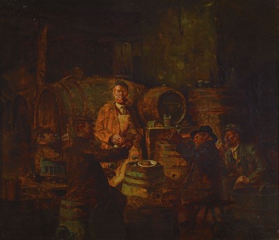 Gustav Ernst, 1858 Elsterberg-1945 Bad Dürkheim, Weinprobe im Keller, 5 Personen im Weinkeller, die Weingläser zum Prüfen erhoben, zustimmend und ...
