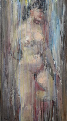 Dailis Rozlapa, 1932-2014, Pazina, stehender weiblicher Akt, Acryl und Glitter auf Hartfaser, signiert, rückseitig betitelt, ca. 75x42cm, R. ca. ...