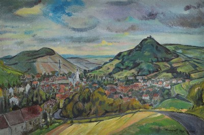 Karl Unverzagt, 1915-2007 Grünstadt, Landschaft in der Pfalz, wohl Eisenberg, Öl/Lwd, rechts unten signiert und dat. 12.9.1984, ca. 80x120cm