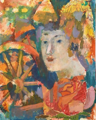 Fritz Wiedemann, 1920-1987 Landau, Bacchuskopf und Mühlenrad, Gouache auf Papier, rechts unten signiert und dat. 67, ca. 47x 37cm, Rahmen ca. 70x51cm
