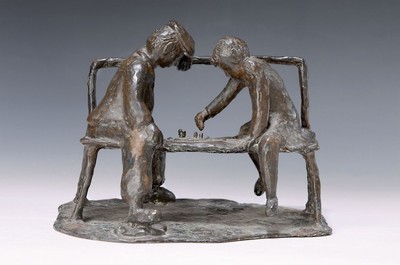 Winfried Tränkner, geb. 1957 Dettigen/Teck, zwei Schachspieler auf einer Bank sitzend, Bronze patiniert, dat. Jan. 81 , Gießerstempel Karl Caspar ...