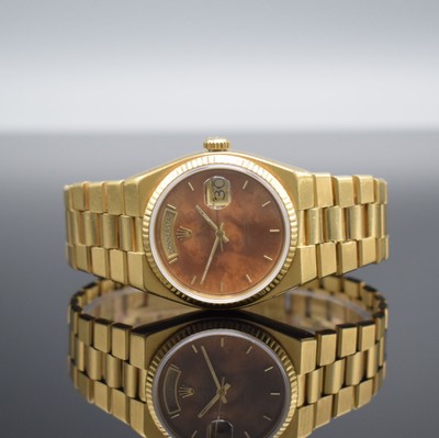 ROLEX Oysterquartz Day Date in GG 750/000 mit seltenem Wurzelholz Zifferblatt, Box & LC 100 Papieren Referenz 19018, Schweiz lt. orig. Papier ...