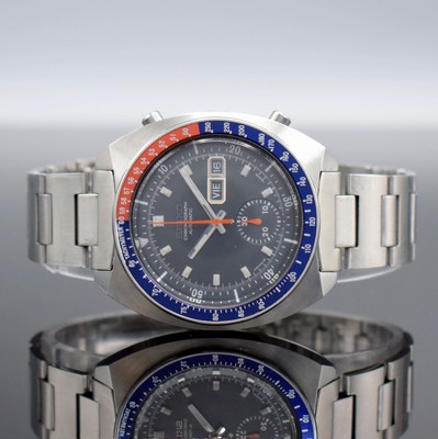 SEIKO Schaltradchronograph in Stahl/Stahlband, Japan um 1975, Automatik, verschr. Geh. Ref. 6139-6002, plan-konkaves Mineralglas, rot-blaue ...