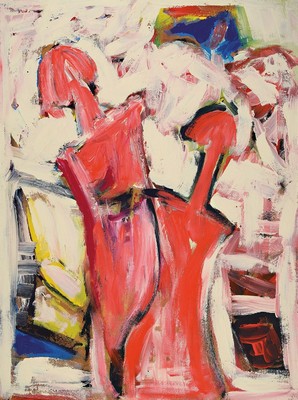 Maria Josefine Feid, zeitgenössische Künstlerin aus dem Saarland, lebt und arbeitet in Korsika, hier: zwei rote Frauenfiguren, Acryl auf Hartfaser, ...