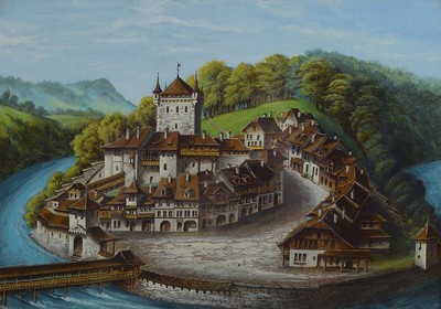 3 historische Darstellungen, 19.Jh., Gouache, Darstellung der Stadtburg Nydegg in Bern in ihrem mittelalterlichen Zustand des 13.Jh.; Gouache, ...