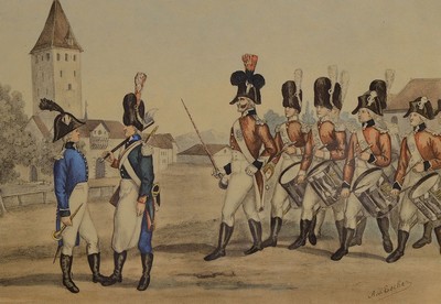 Albert von Escher, 1833 Zürich - 1905 Genf, 3 Farblithographien versch. Truppentypen: Berner Stadtlegion (1802), Dragoner (1813) undFreicorps der ...