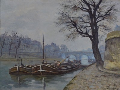 Ernest Maria Louis Pernelle, 1870 Paris - 1950 Embaradère, ankernde Lastschiffe wohl auf der Seine im Winter, Öl/Lwd, re. u. signiert und dat. ...