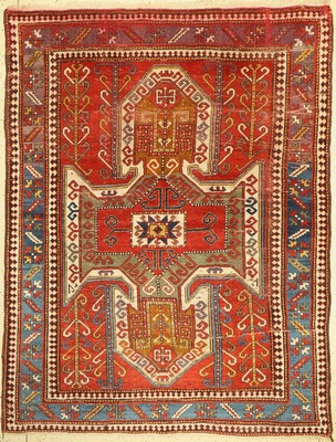 Antiker Sevan Schild-Kazak, Kaukasus, 19. Jhd, Wolle auf Wolle, ca. 223 x 170 cm, EHZ: 4, (Trittfalten)